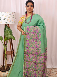 Handwoven Mangalagiri Pattu Saree with Digital Prints  - Green with Purple