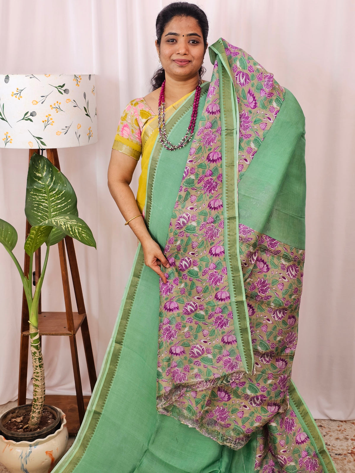 Handwoven Mangalagiri Pattu Saree with Digital Prints  - Green with Purple