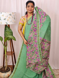 Handwoven Mangalagiri Pattu Saree with Digital Prints  - Green with Purple