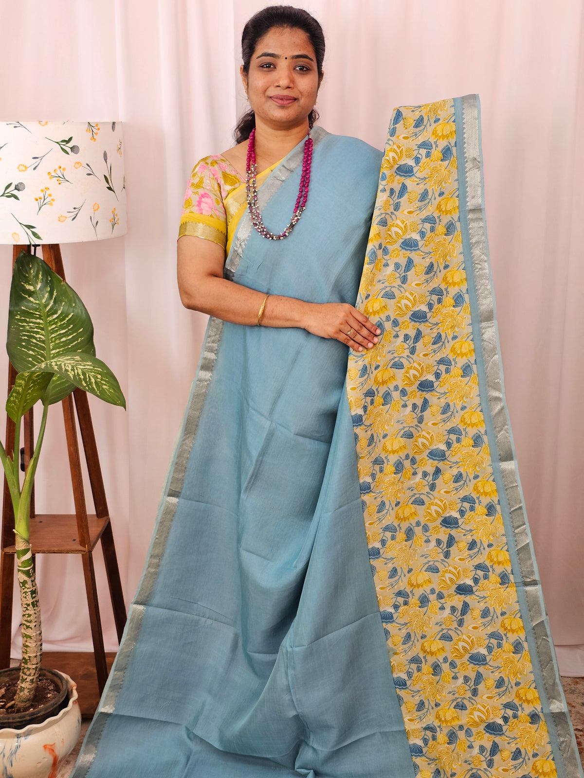 Handwoven Mangalagiri Pattu Saree with Digital Prints  - Blue with Yellow