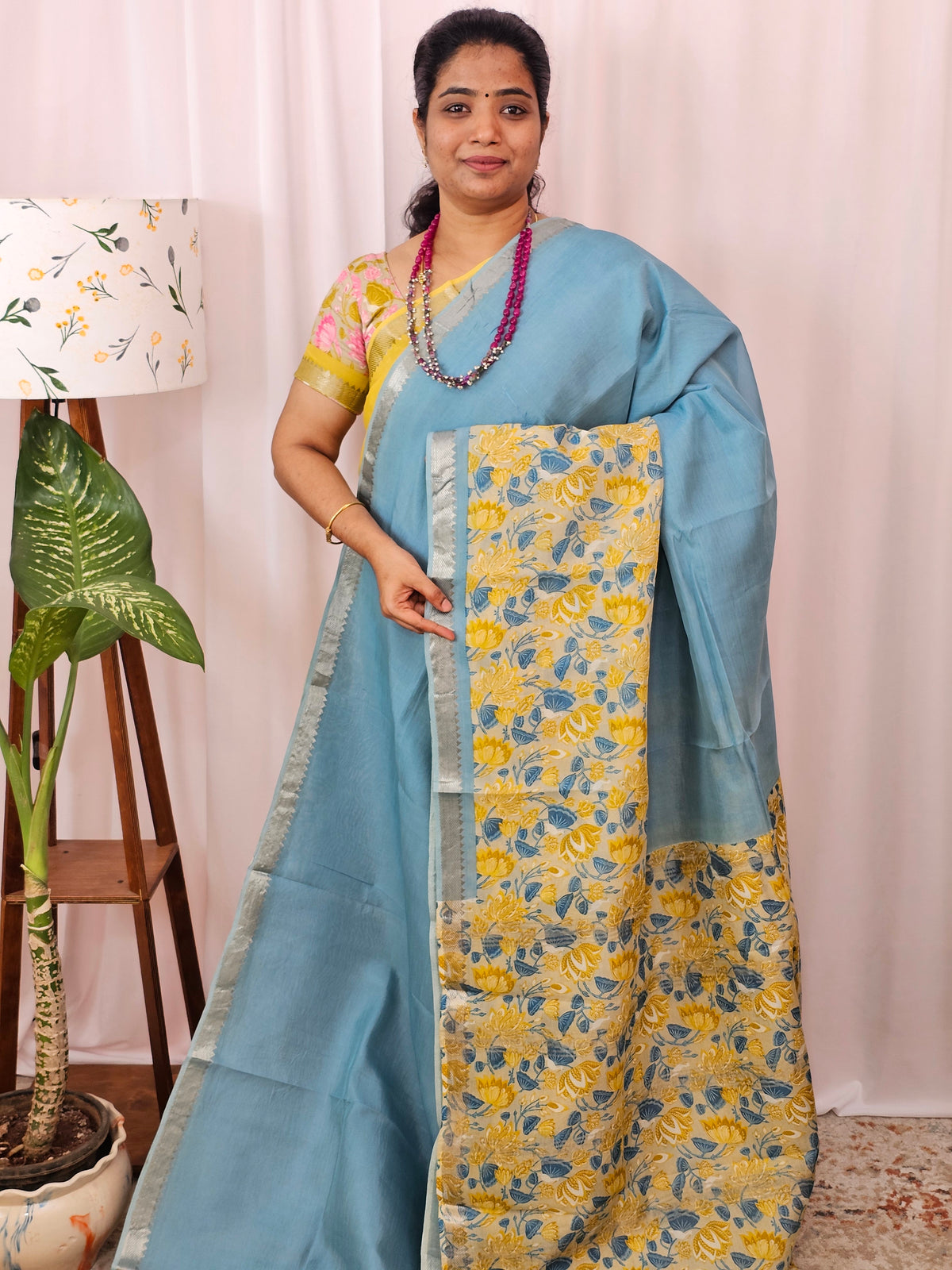 Handwoven Mangalagiri Pattu Saree with Digital Prints  - Blue with Yellow