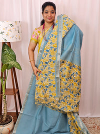 Handwoven Mangalagiri Pattu Saree with Digital Prints  - Blue with Yellow