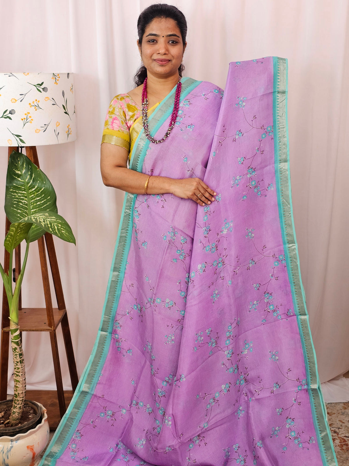 Handwoven Mangalagiri Pattu Saree with Digital Prints  - Purple with Sea Green