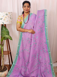 Handwoven Mangalagiri Pattu Saree with Digital Prints  - Purple with Sea Green