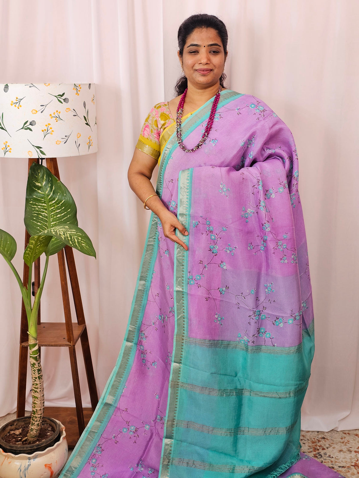 Handwoven Mangalagiri Pattu Saree with Digital Prints  - Purple with Sea Green
