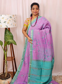 Handwoven Mangalagiri Pattu Saree with Digital Prints  - Purple with Sea Green