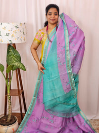 Handwoven Mangalagiri Pattu Saree with Digital Prints  - Purple with Sea Green
