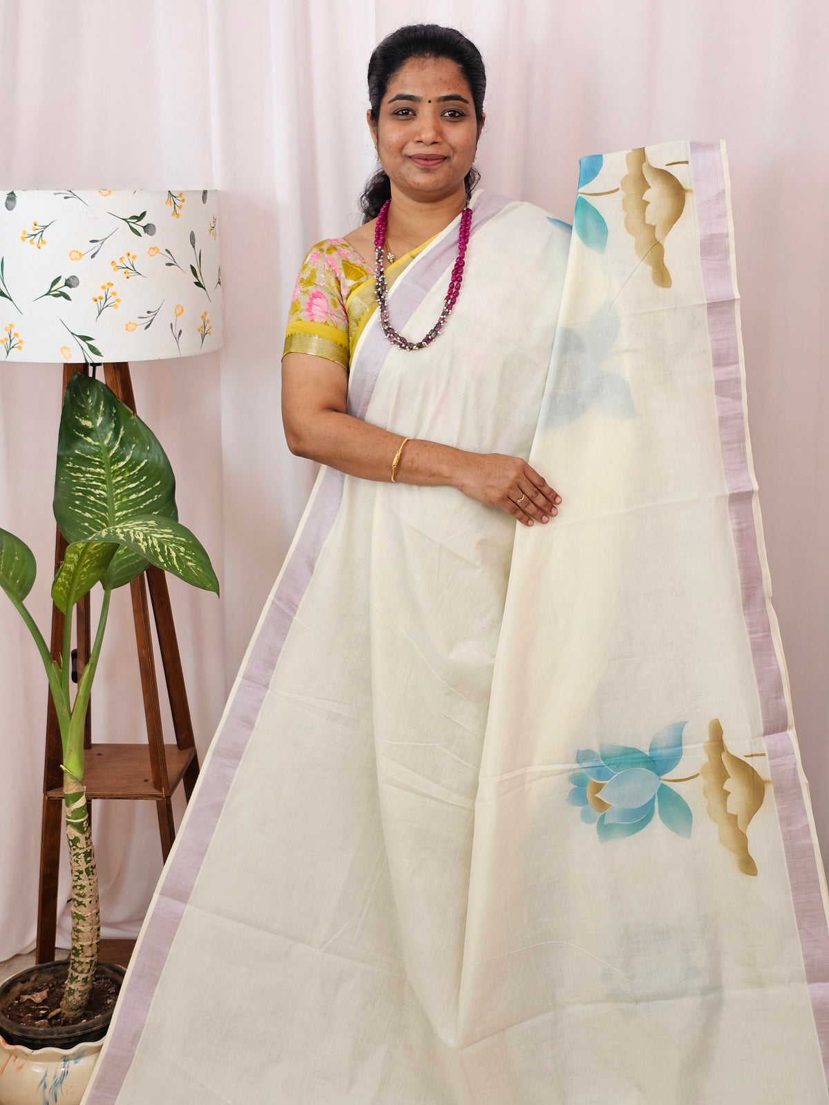 Kerala Pure Cotton Sarees -  Cream with Blue