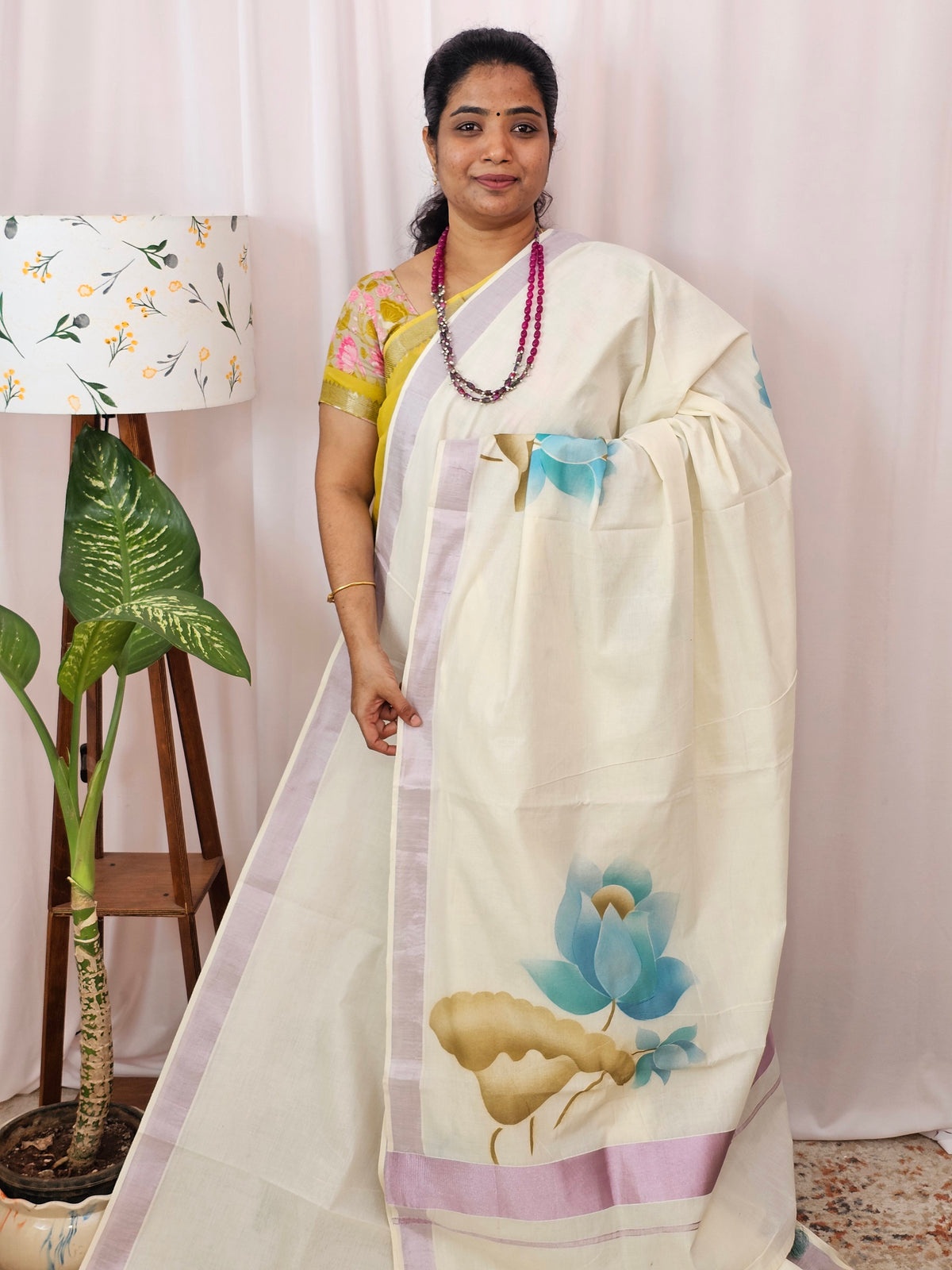 Kerala Pure Cotton Sarees -  Cream with Blue