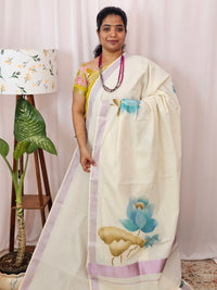 Kerala Pure Cotton Sarees -  Cream with Blue