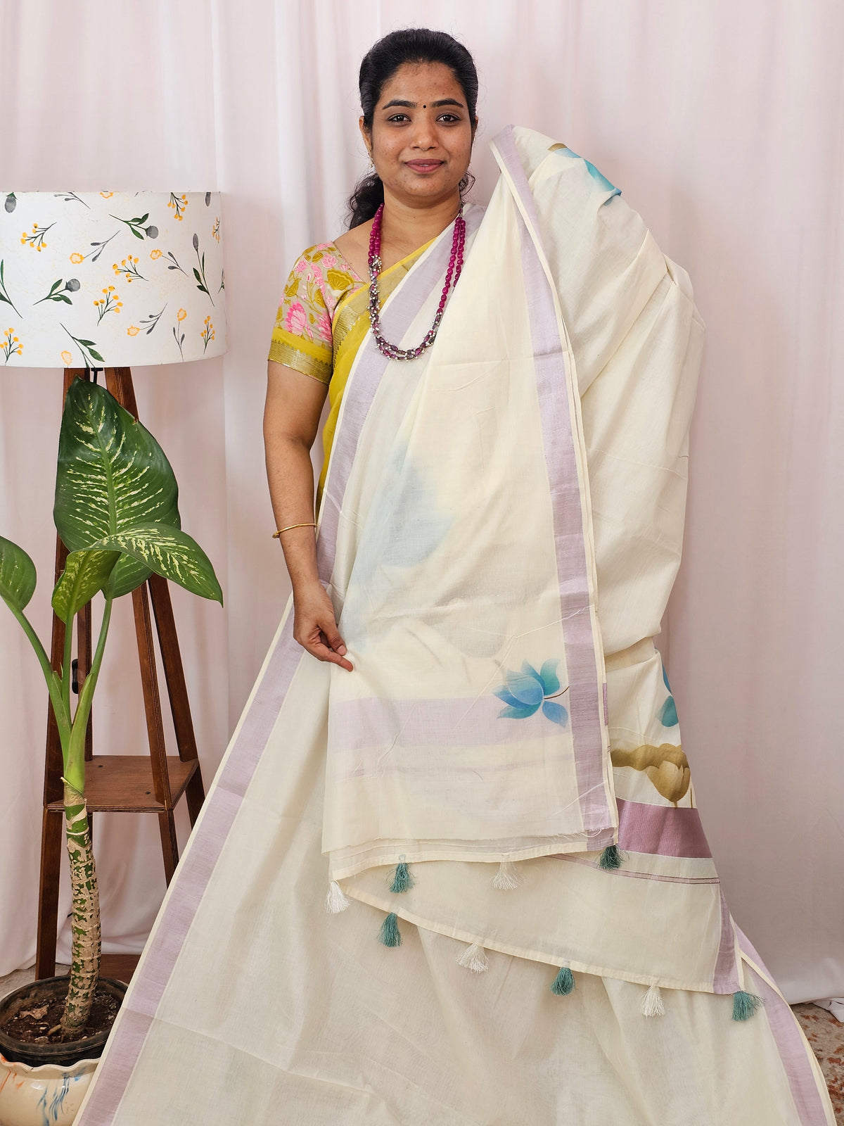 Kerala Pure Cotton Sarees -  Cream with Blue