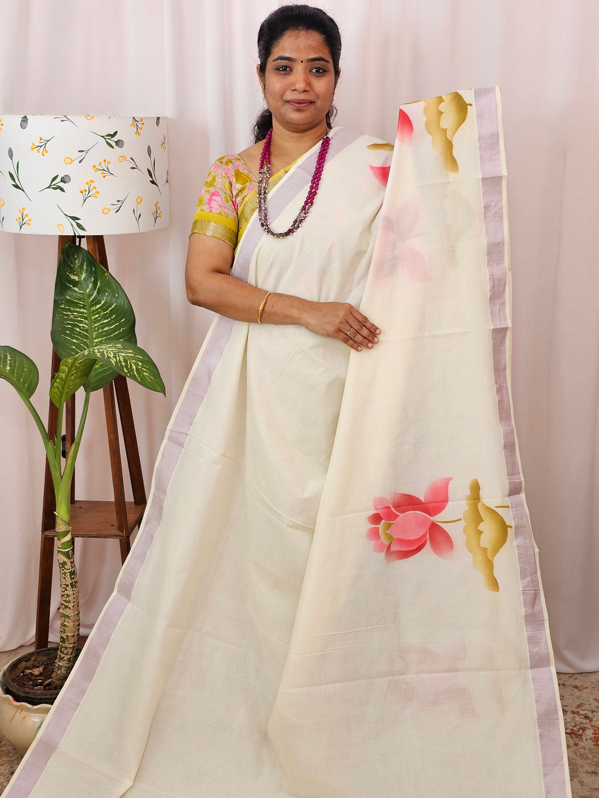 Kerala Pure Cotton Sarees -  Cream with Pink