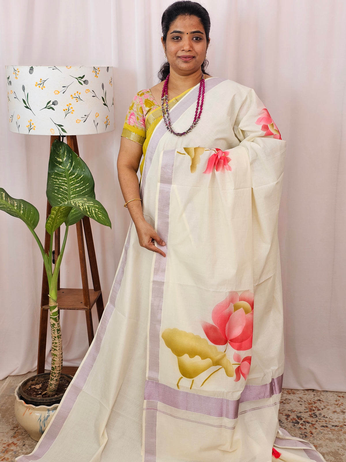 Kerala Pure Cotton Sarees -  Cream with Pink
