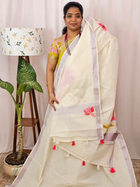 Kerala Pure Cotton Sarees -  Cream with Pink