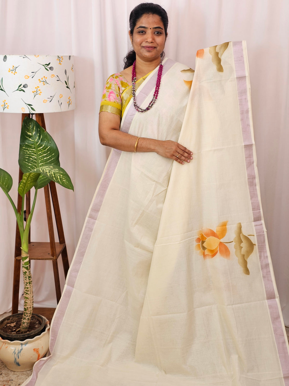 Kerala Pure Cotton Sarees -  Cream with Orange