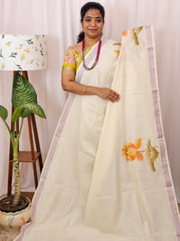Kerala Pure Cotton Sarees -  Cream with Orange