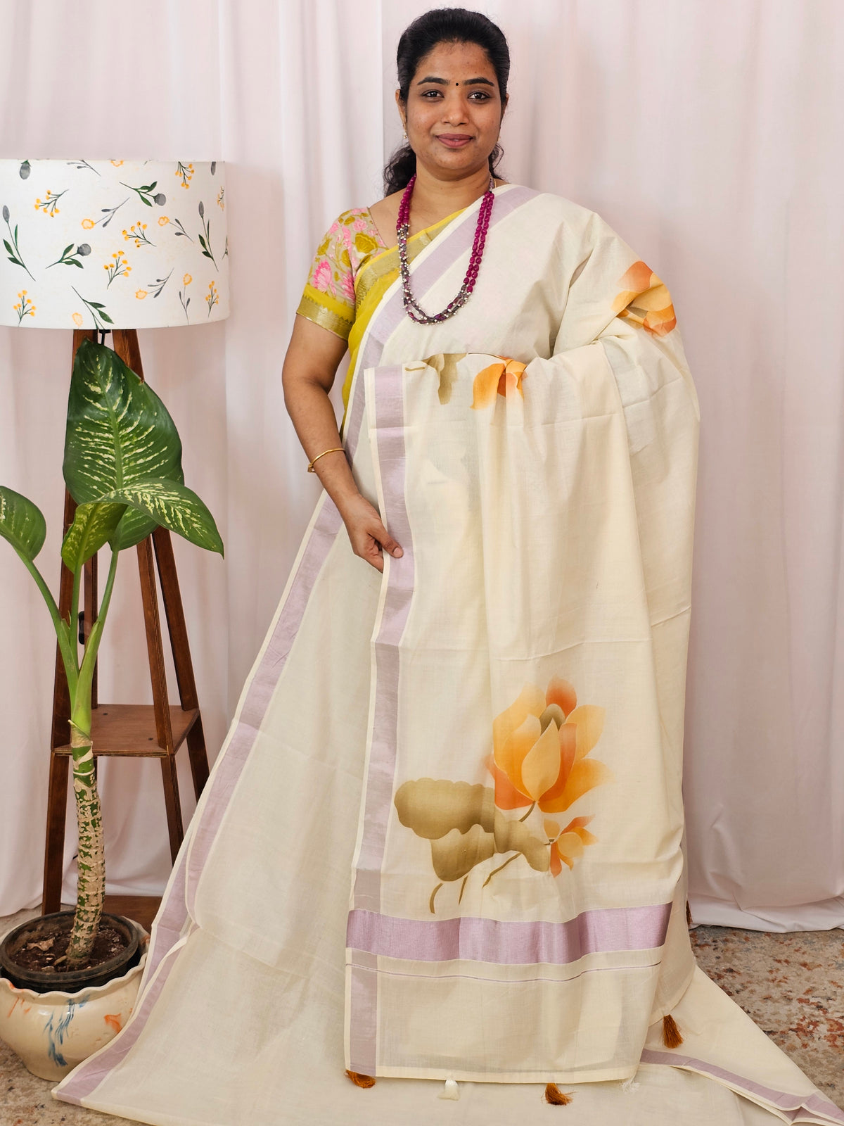 Kerala Pure Cotton Sarees -  Cream with Orange