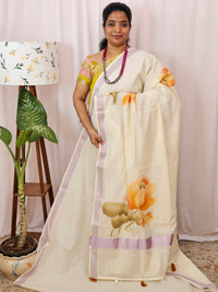 Kerala Pure Cotton Sarees -  Cream with Orange