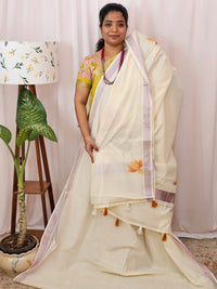 Kerala Pure Cotton Sarees -  Cream with Orange