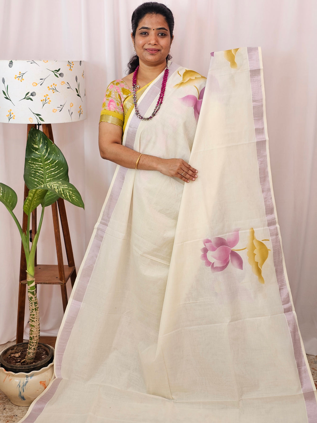 Kerala Pure Cotton Sarees -  Cream with Purple