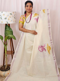 Kerala Pure Cotton Sarees -  Cream with Purple