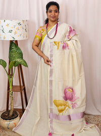 Kerala Pure Cotton Sarees -  Cream with Purple