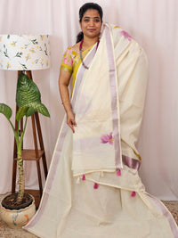 Kerala Pure Cotton Sarees -  Cream with Purple