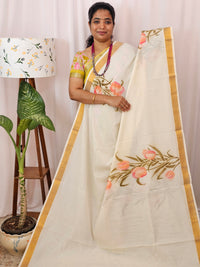 Kerala Pure Cotton Sarees -  Cream with Peachish Pink