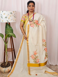 Kerala Pure Cotton Sarees -  Cream with Peachish Pink