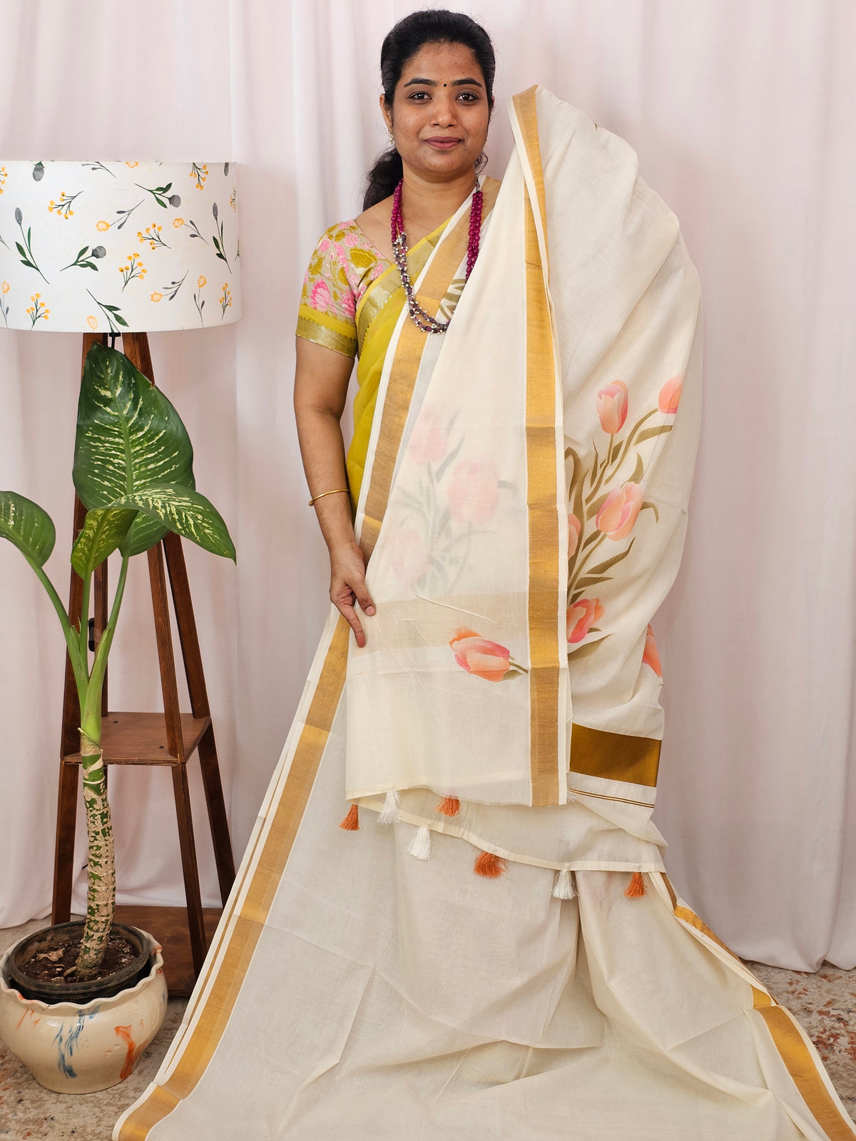 Kerala Pure Cotton Sarees -  Cream with Peachish Pink