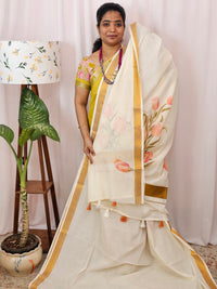 Kerala Pure Cotton Sarees -  Cream with Peachish Pink