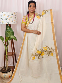 Kerala Pure Cotton Sarees -  Cream with Yellow