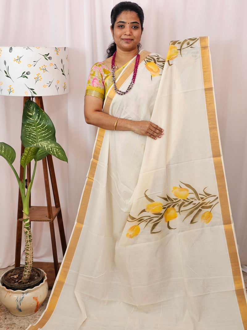 Kerala Pure Cotton Sarees -  Cream with Yellow