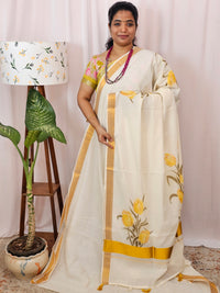 Kerala Pure Cotton Sarees -  Cream with Yellow