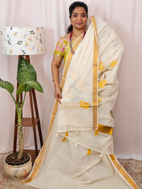 Kerala Pure Cotton Sarees -  Cream with Yellow
