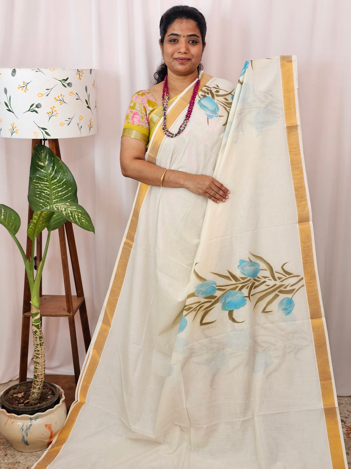 Kerala Pure Cotton Sarees -  Cream with Blue