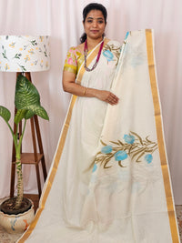 Kerala Pure Cotton Sarees -  Cream with Blue