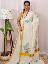 Kerala Pure Cotton Sarees -  Cream with Blue