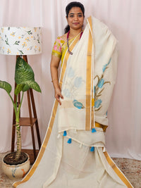 Kerala Pure Cotton Sarees -  Cream with Blue