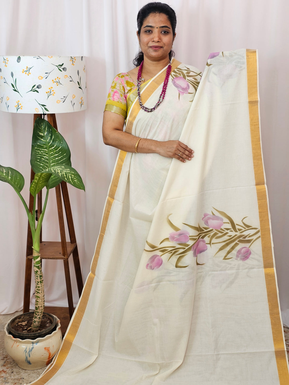 Kerala Pure Cotton Sarees -  Cream with Purple