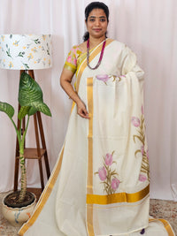 Kerala Pure Cotton Sarees -  Cream with Purple