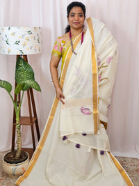 Kerala Pure Cotton Sarees -  Cream with Purple
