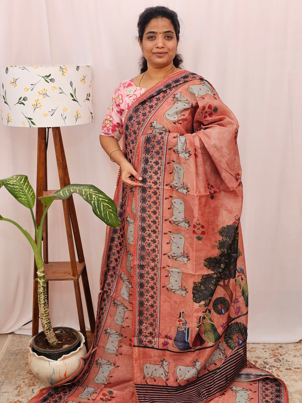 Semi Chanderi Saree - Dark Peach