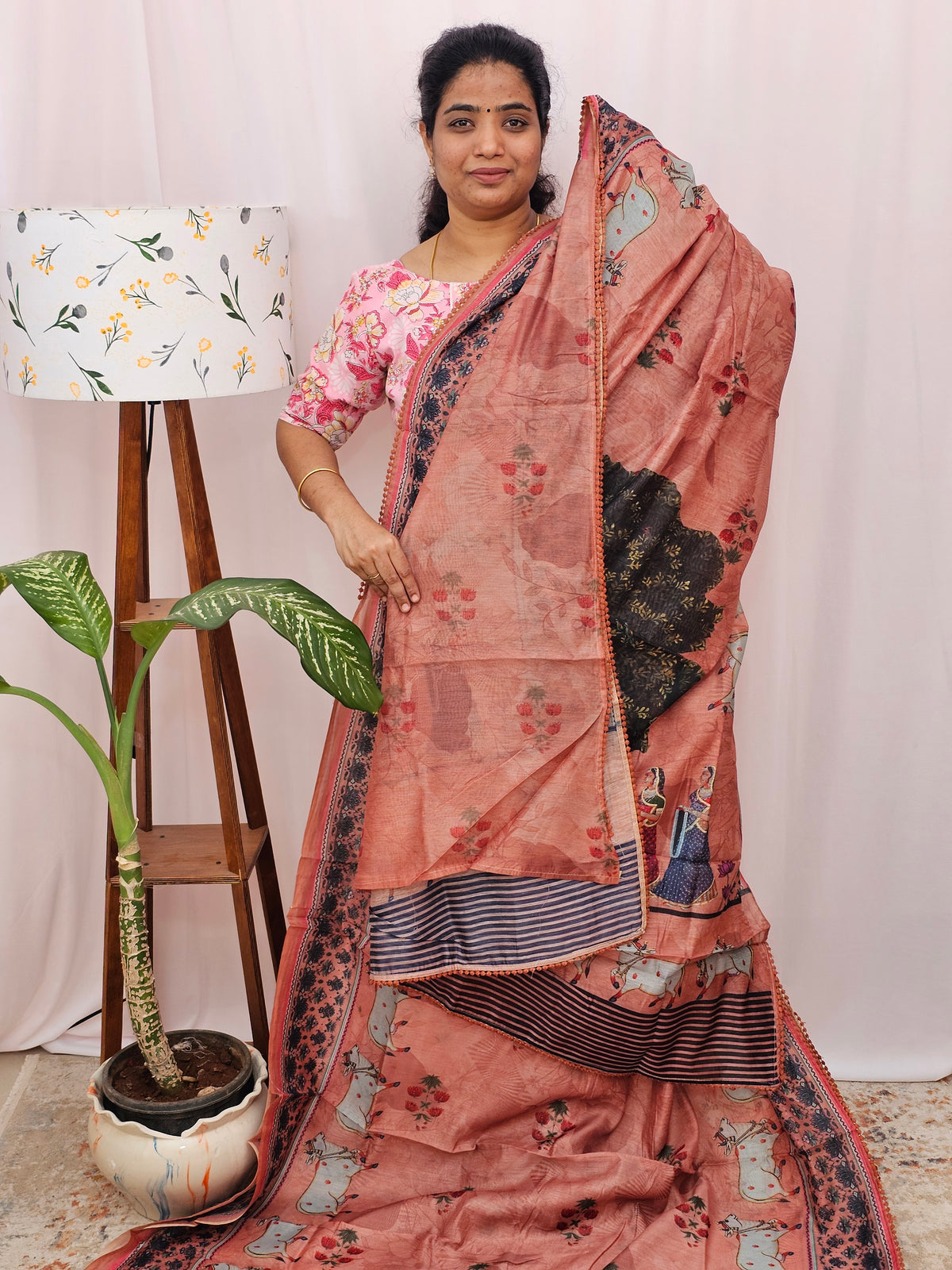 Semi Chanderi Saree - Dark Peach