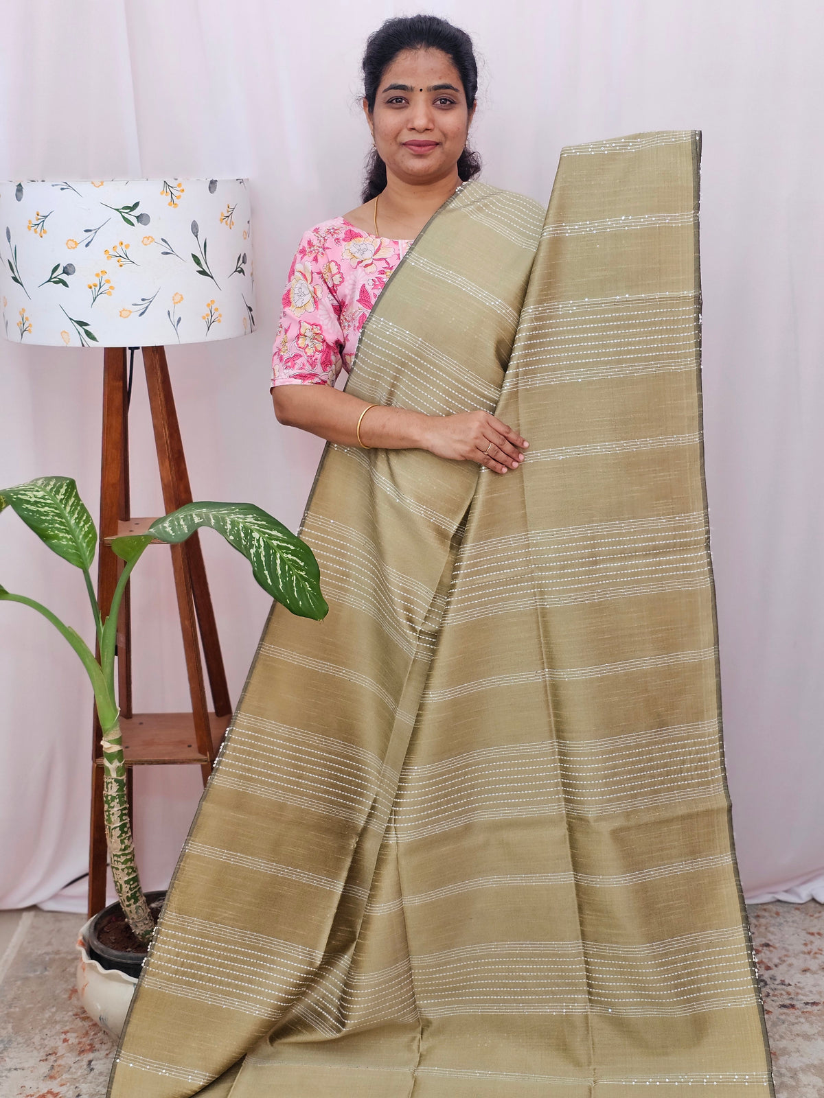 Semi Raw Silk Saree - Beige with Pink