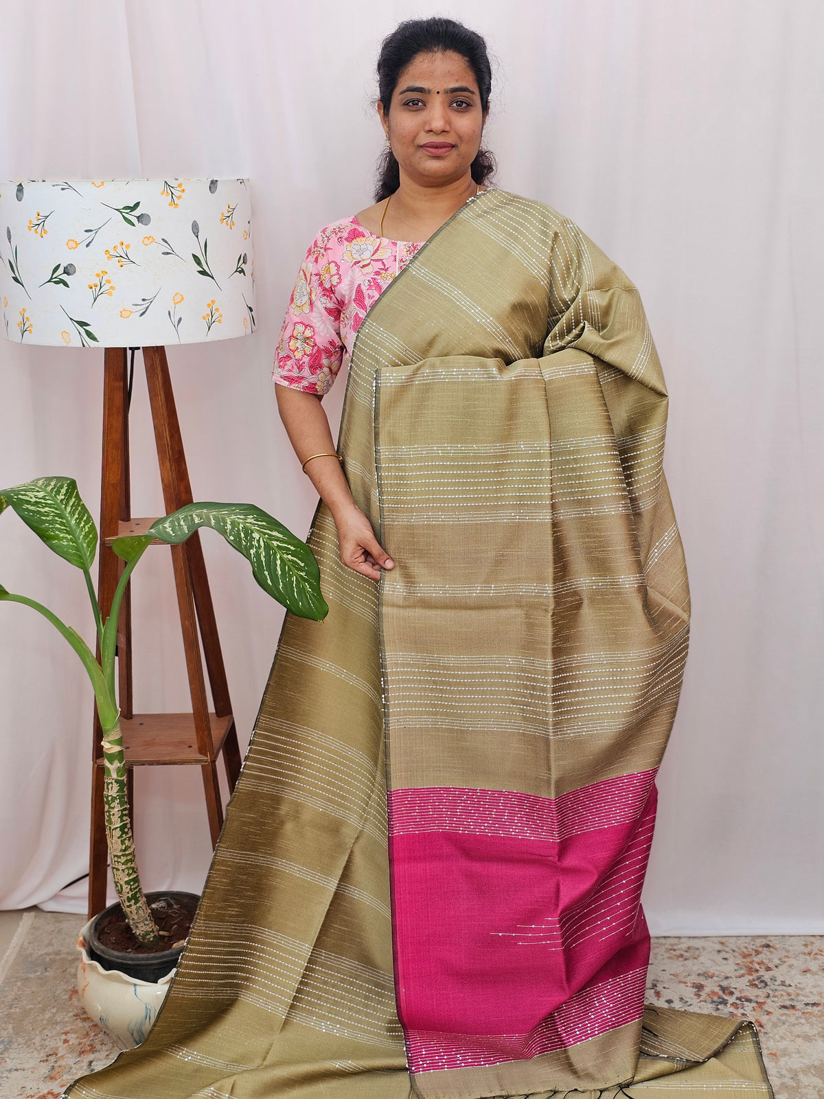 Semi Raw Silk Saree - Beige with Pink