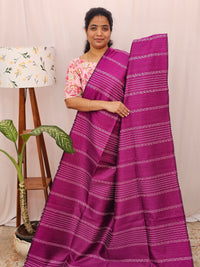 Semi Raw Silk Saree - Magenta Pink with Green