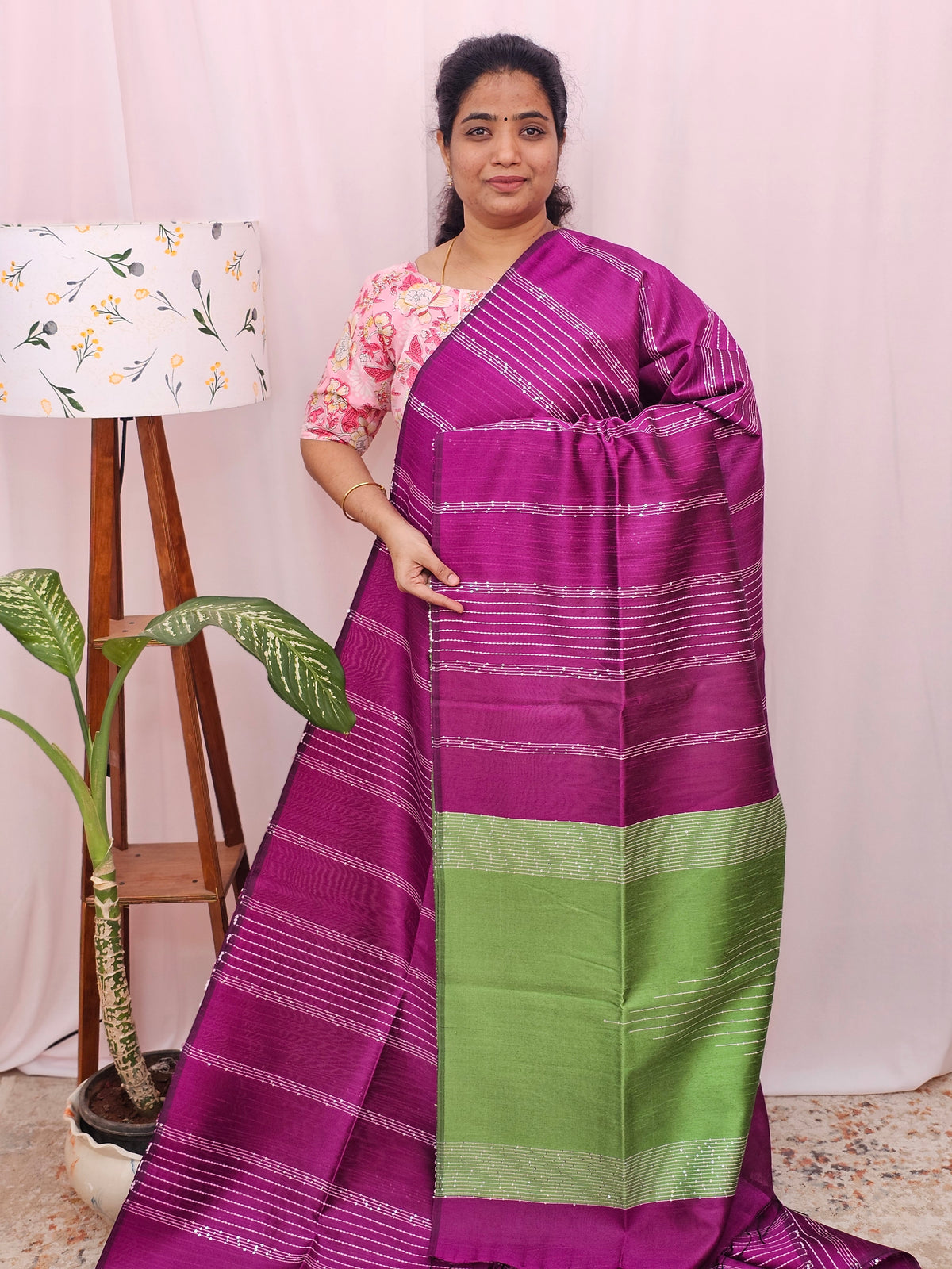 Semi Raw Silk Saree - Magenta Pink with Green