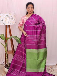 Semi Raw Silk Saree - Magenta Pink with Green