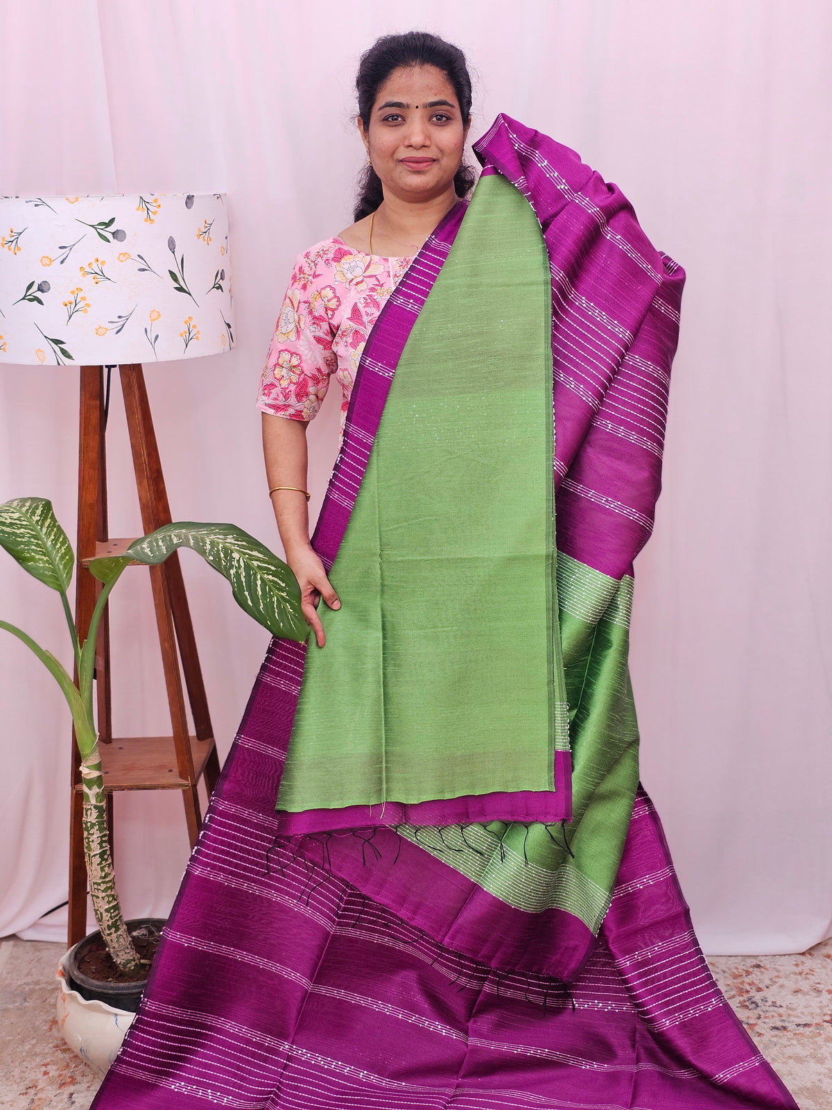 Semi Raw Silk Saree - Magenta Pink with Green